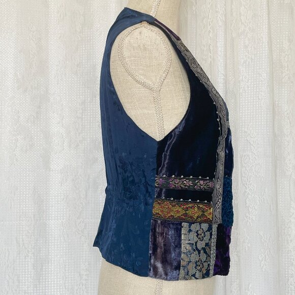 Vintage Rene Derhy Women's Vest Small Blue Patchwork Velvet Witchy Whimsigoth - Picture 2 of 6